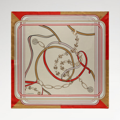 Sciarpa quadrata in seta con motivo monogramma e catena rossa