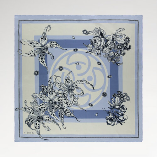 Sciarpa quadrata in seta con motivo monogramma floreale azzurro