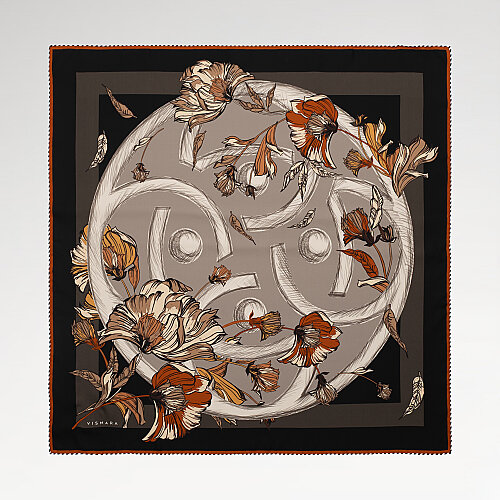 Sciarpa quadrata in seta con fantasia Flora Viva color visone/marrone chiaro