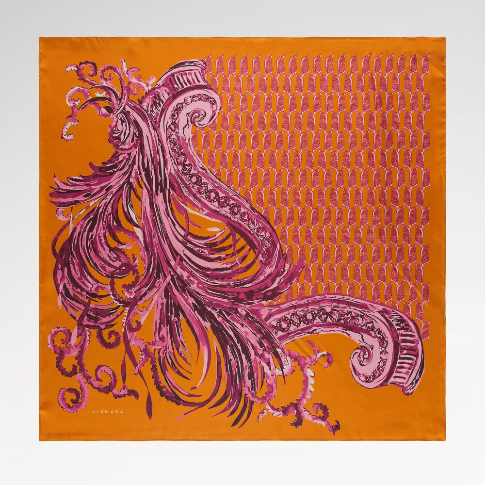 Sciarpa quadrata in seta twill con motivo Silenzio Dorato arancione