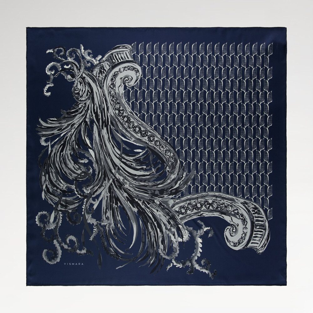 Sciarpa quadrata in seta twill con motivo Silenzio Dorato blu navy