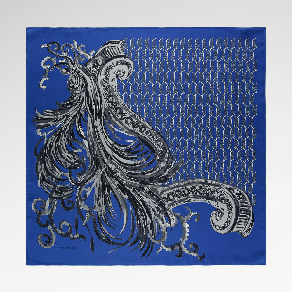 Sciarpa quadrata in seta twill con motivo Silenzio Dorato blu