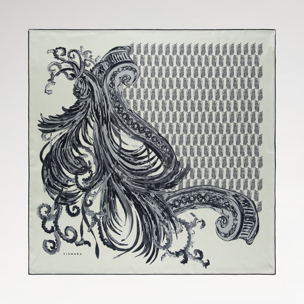 Sciarpa quadrata in seta twill con motivo Silenzio Dorato grigia