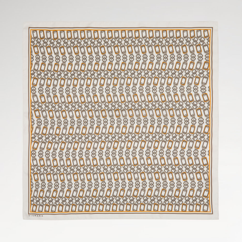 Sciarpa quadrata in twill di seta beige con motivo a catena moderna