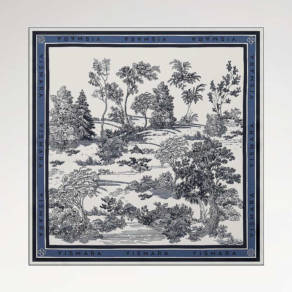 Sciarpa quadrata in twill di seta blu navy con motivo Toile Garden. - 1