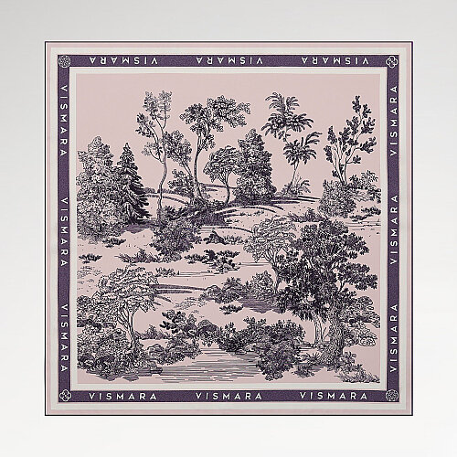 Sciarpa quadrata in twill di seta rosa cipria con motivo giardino toile de Joule.