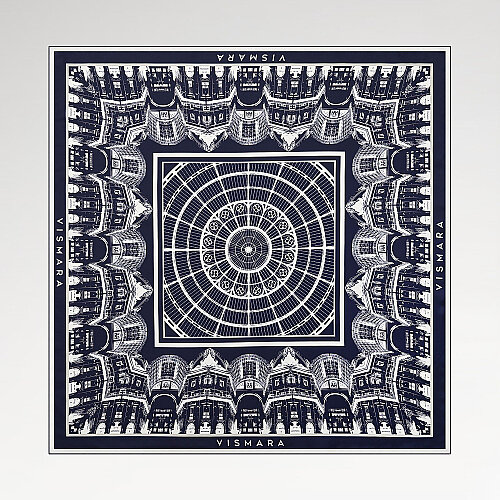 Sciarpa quadrata in seta twill con motivo Galleria Dome blu navy e bianca.