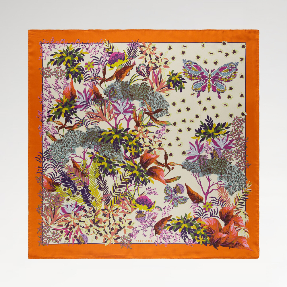 Sciarpa quadrata in twill di seta con motivo a farfalle tropicali arancioni