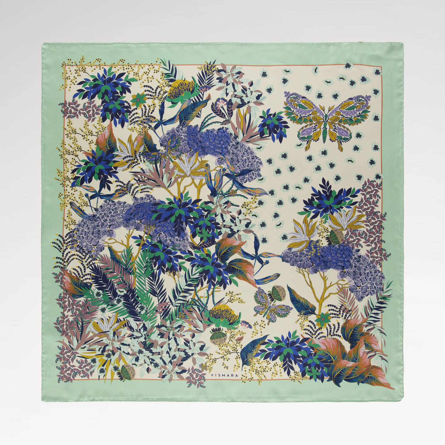 Sciarpa quadrata in twill di seta con motivo a farfalle tropicali color menta - 1