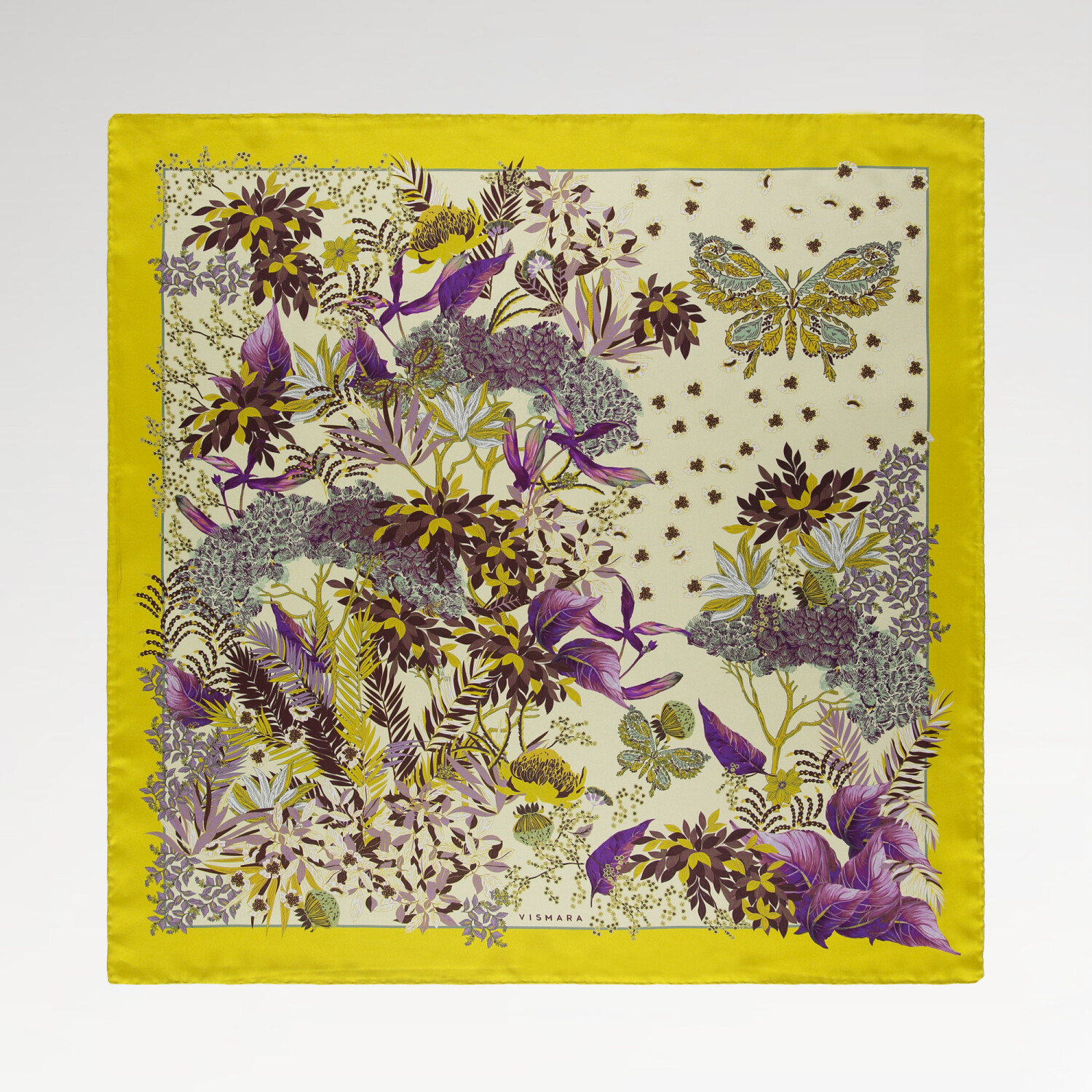 Sciarpa quadrata in twill di seta con motivo a farfalle tropicali gialle - 1
