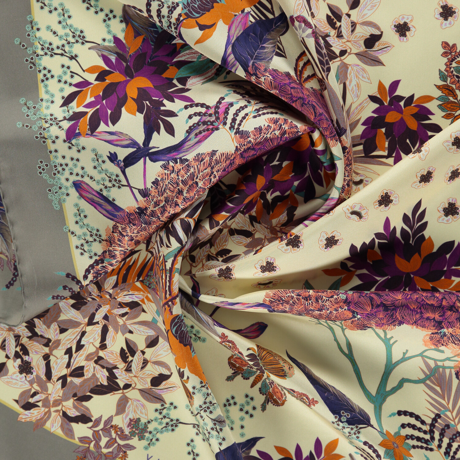 Sciarpa quadrata in twill di seta con motivo a farfalle tropicali grigie - 2