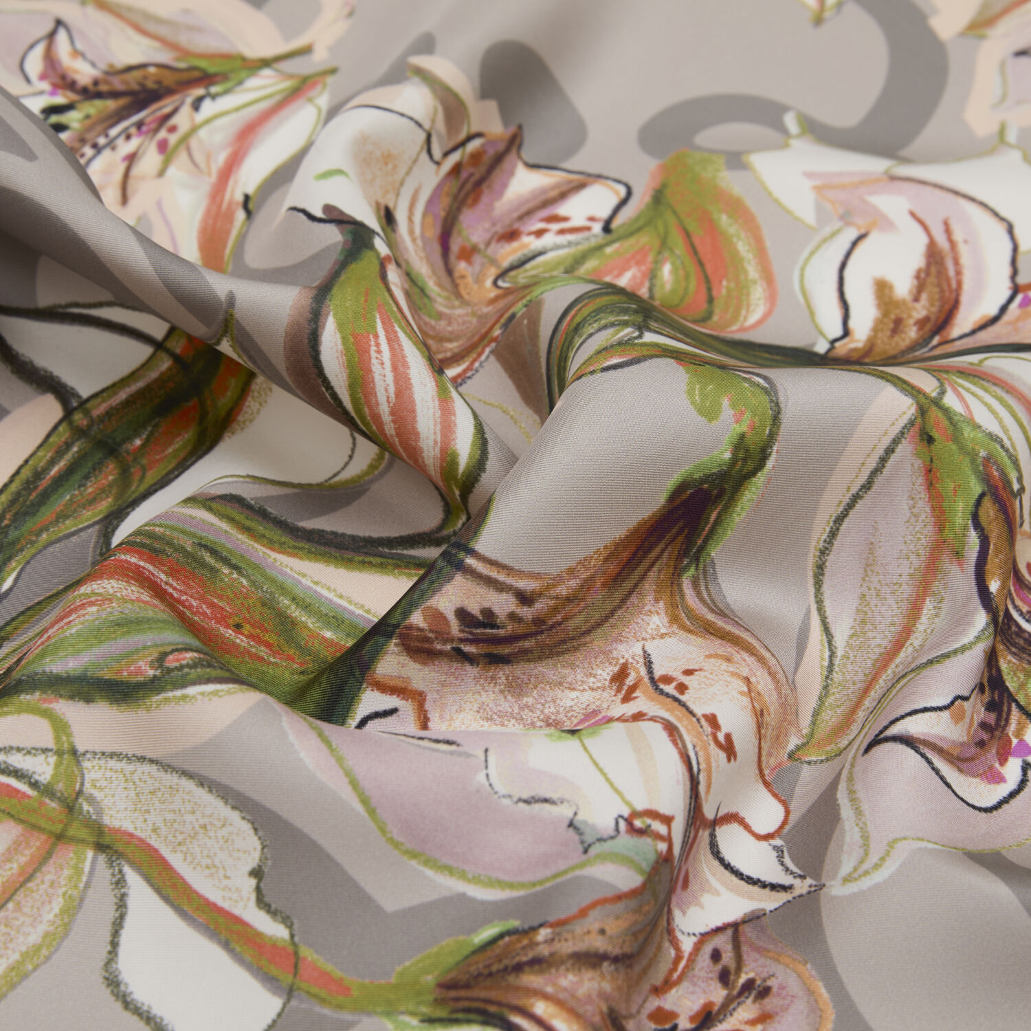 Sciarpa quadrata in twill di seta con motivo a fiori di giglio e monogramma Vismara grigio - 2