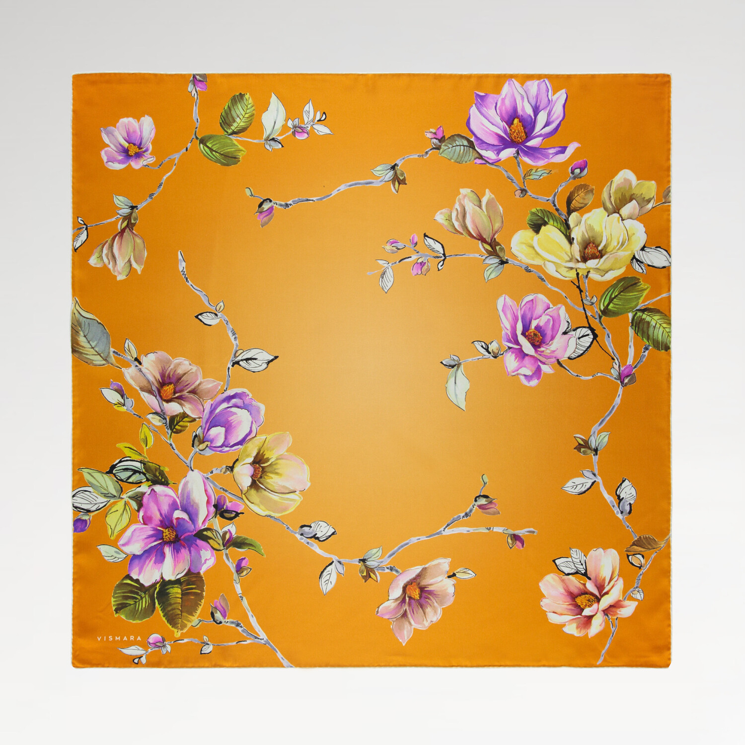 Sciarpa quadrata in twill di seta con motivo a fiori di magnolia arancione - 1