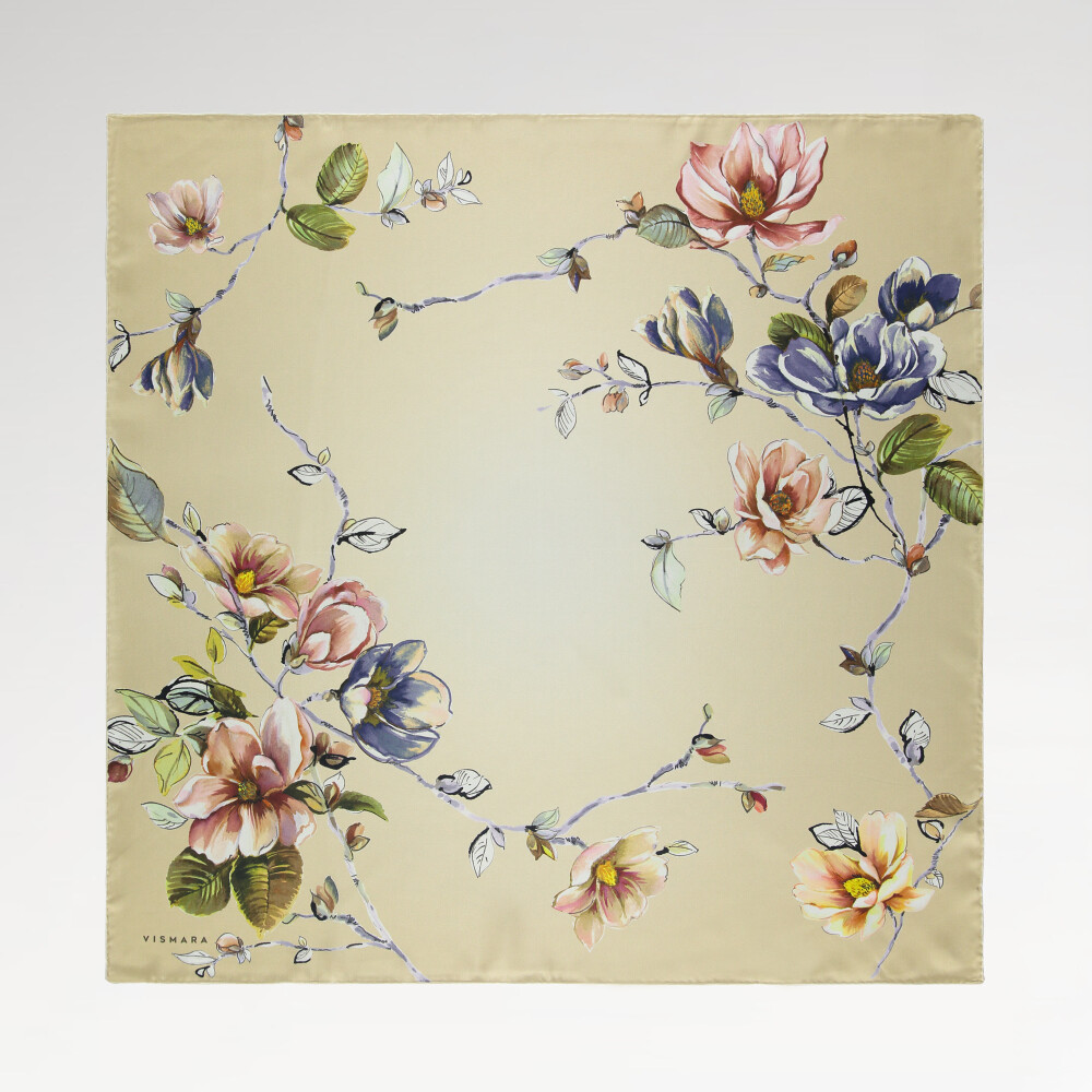 Sciarpa quadrata in twill di seta con motivo a fiori di magnolia beige