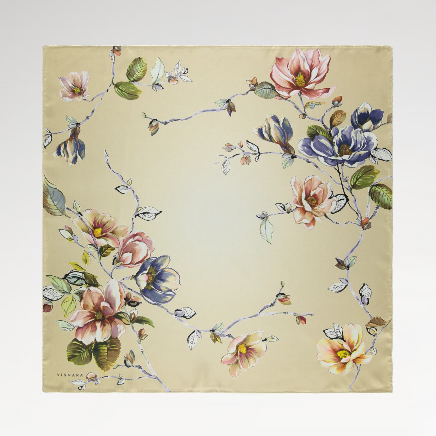 Sciarpa quadrata in twill di seta con motivo a fiori di magnolia beige - 1
