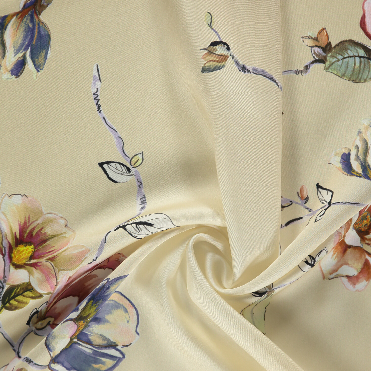 Sciarpa quadrata in twill di seta con motivo a fiori di magnolia beige - 2