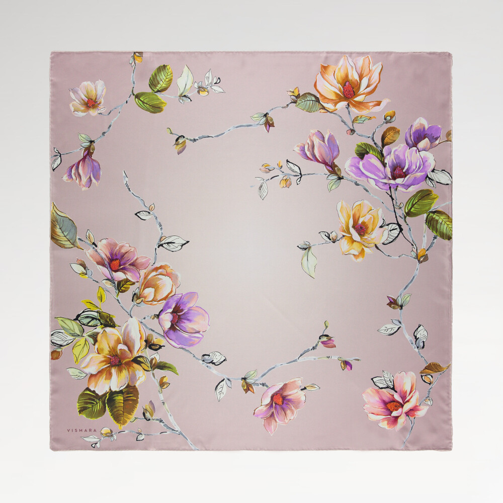Sciarpa quadrata in twill di seta con motivo a fiori di magnolia cipria