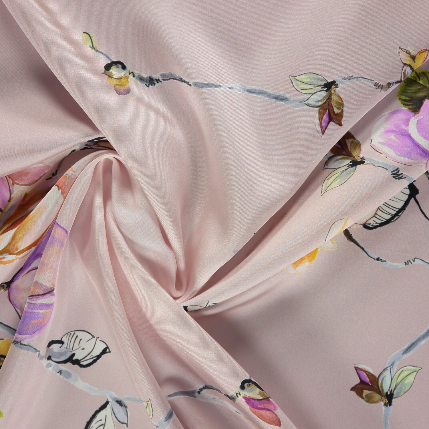 Sciarpa quadrata in twill di seta con motivo a fiori di magnolia cipria - 2