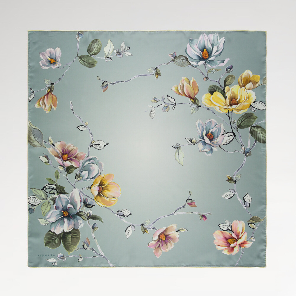 Sciarpa quadrata in twill di seta con motivo a fiori di magnolia color petrolio