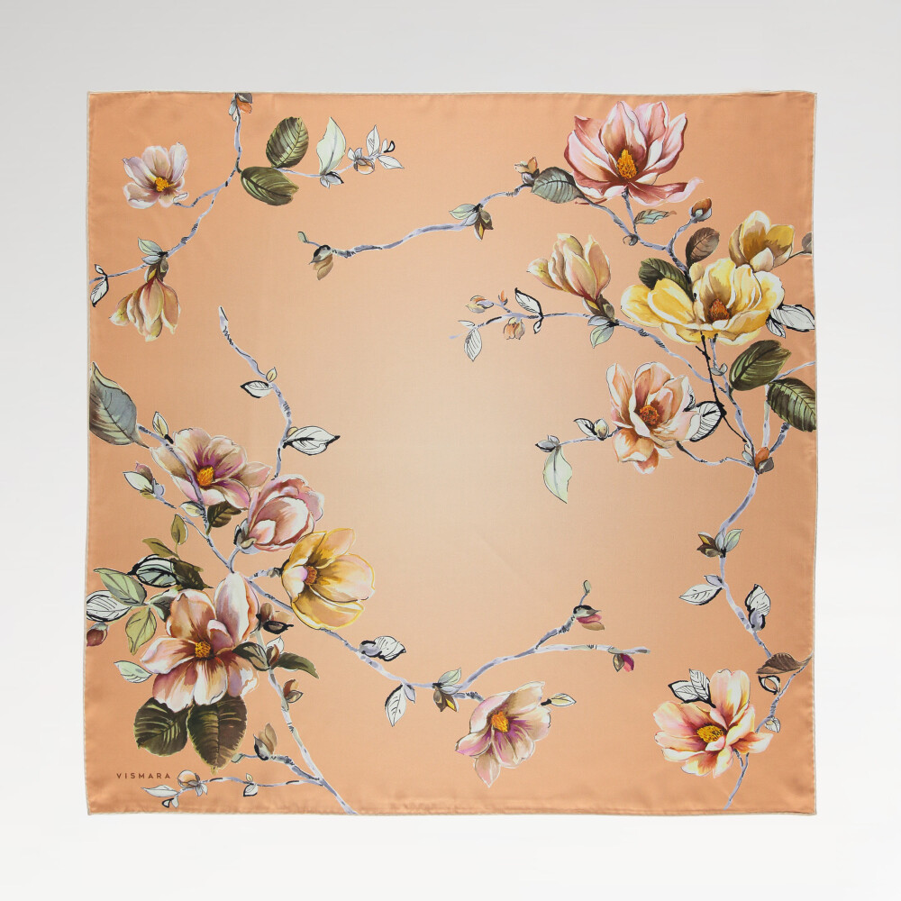 Sciarpa quadrata in twill di seta con motivo a fiori di magnolia color salmone