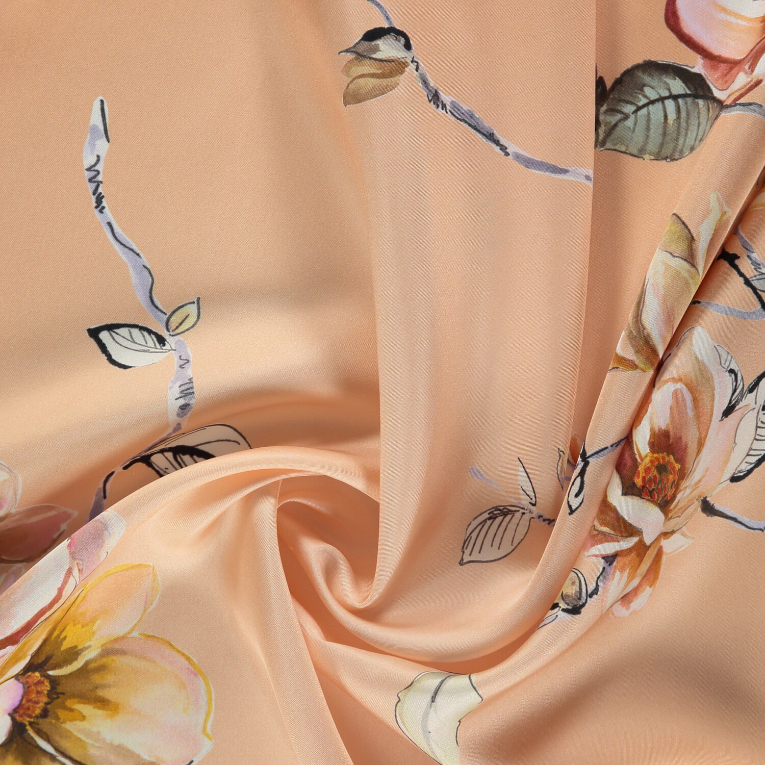 Sciarpa quadrata in twill di seta con motivo a fiori di magnolia color salmone - 2