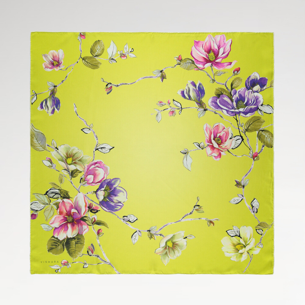 Sciarpa quadrata in twill di seta con motivo a fiori di magnolia giallo limone