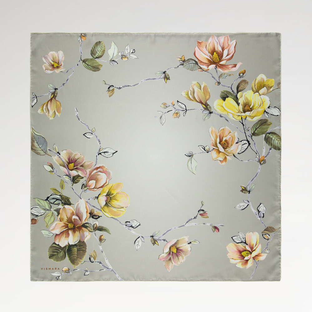 Sciarpa quadrata in twill di seta con motivo a fiori di magnolia grigia