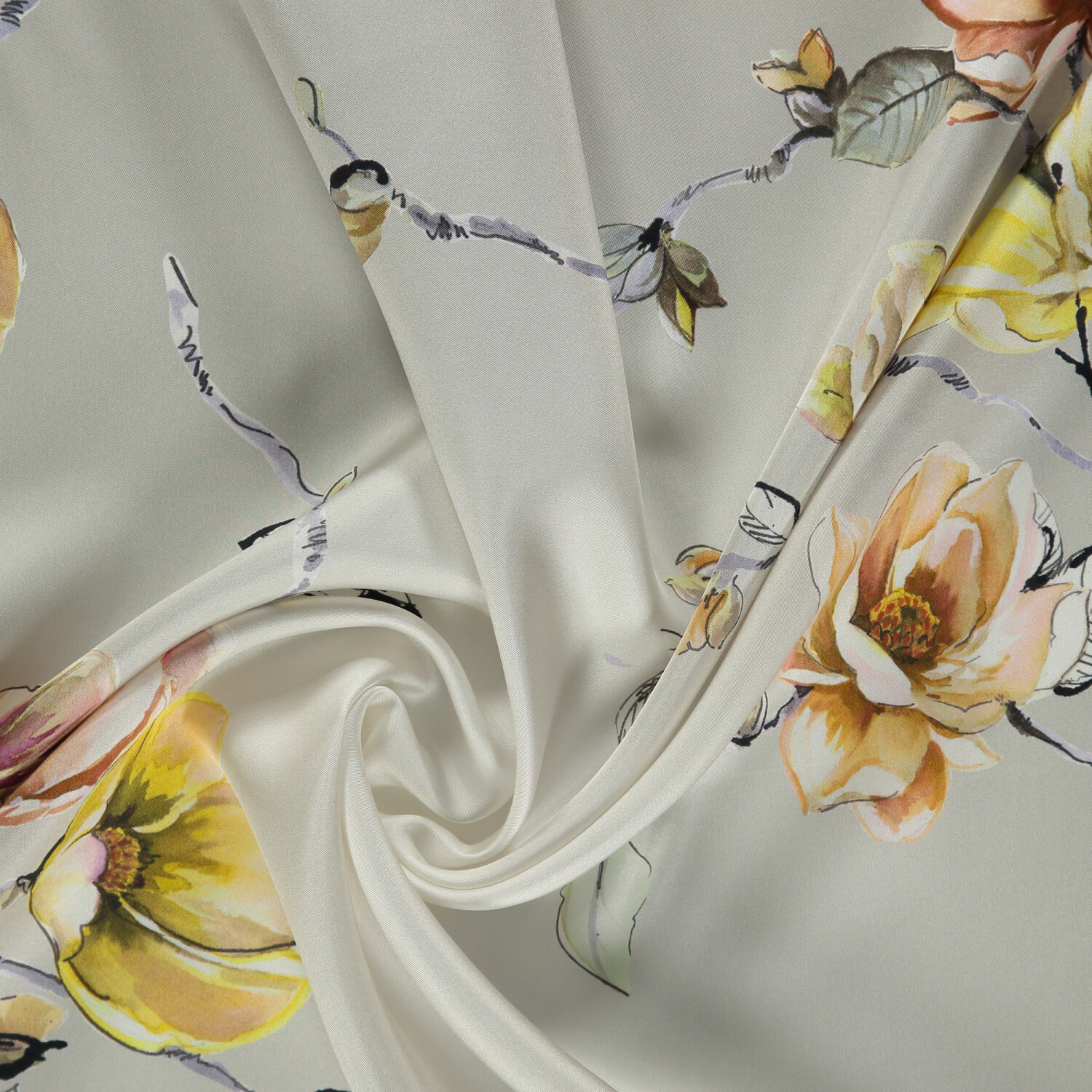 Sciarpa quadrata in twill di seta con motivo a fiori di magnolia grigia - 2