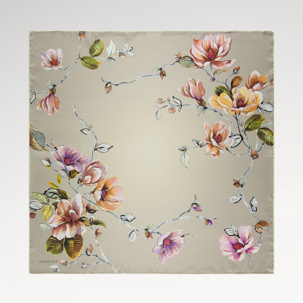 Sciarpa quadrata in twill di seta con motivo a fiori di magnolia in pietra
