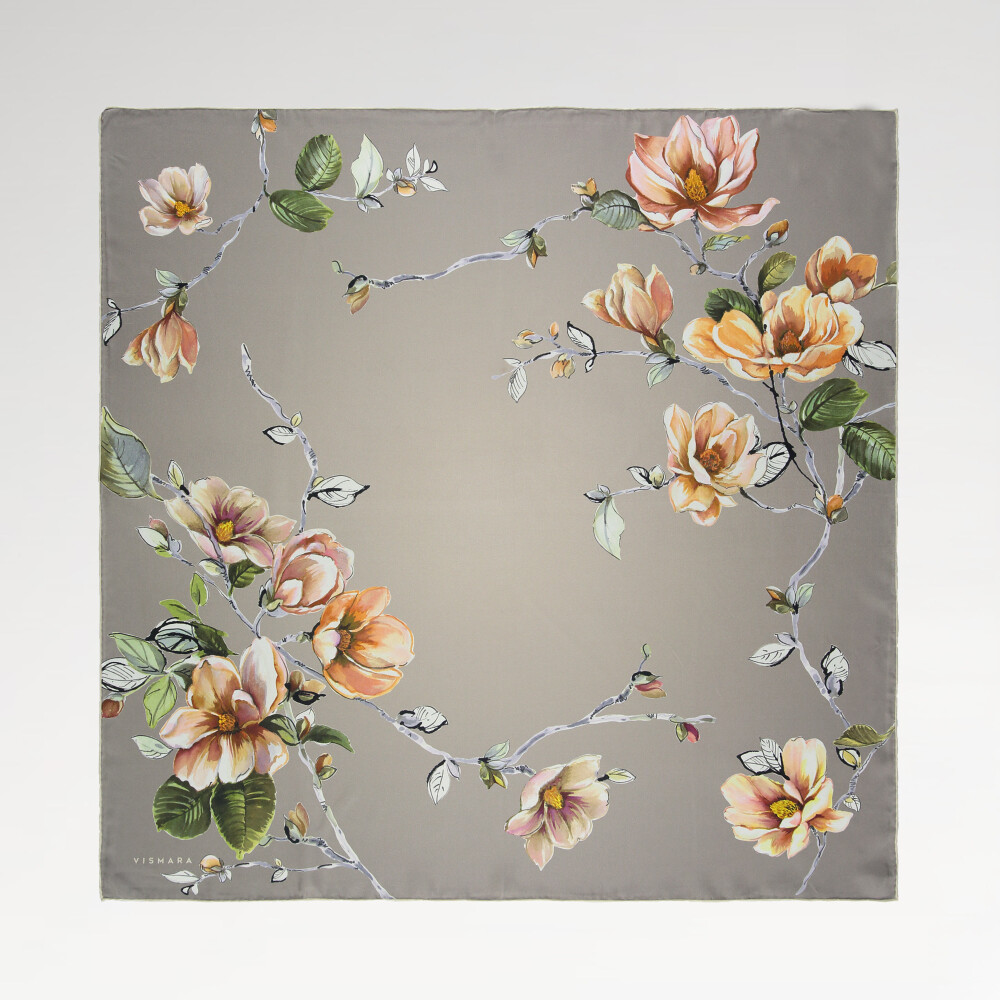 Sciarpa quadrata in twill di seta con motivo a fiori di magnolia in visone