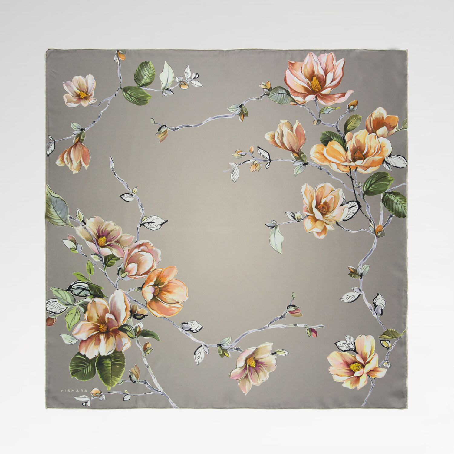 Sciarpa quadrata in twill di seta con motivo a fiori di magnolia in visone - 1