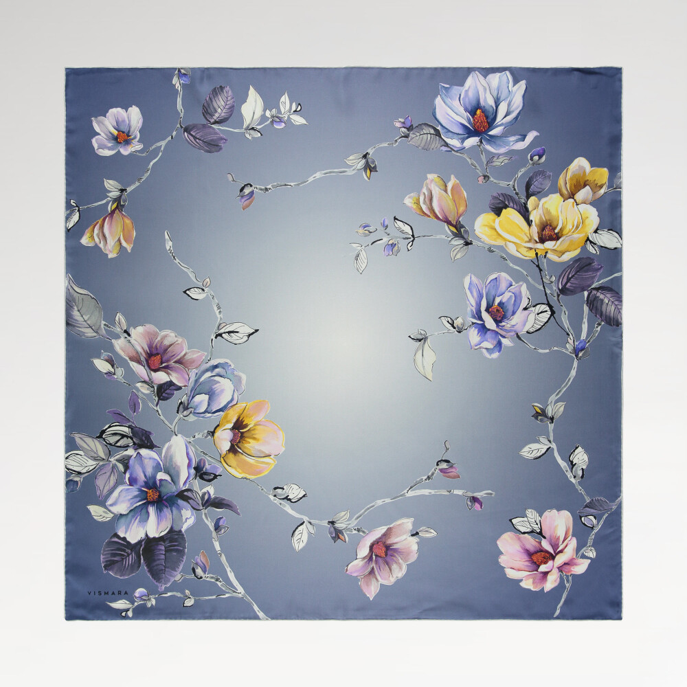 Sciarpa quadrata in twill di seta con motivo a fiori di magnolia indaco