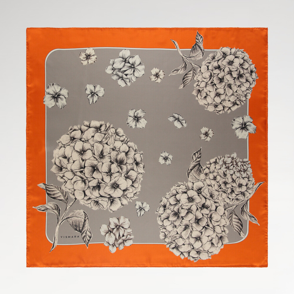 Sciarpa quadrata in twill di seta con motivo a fiori di ortensia arancione