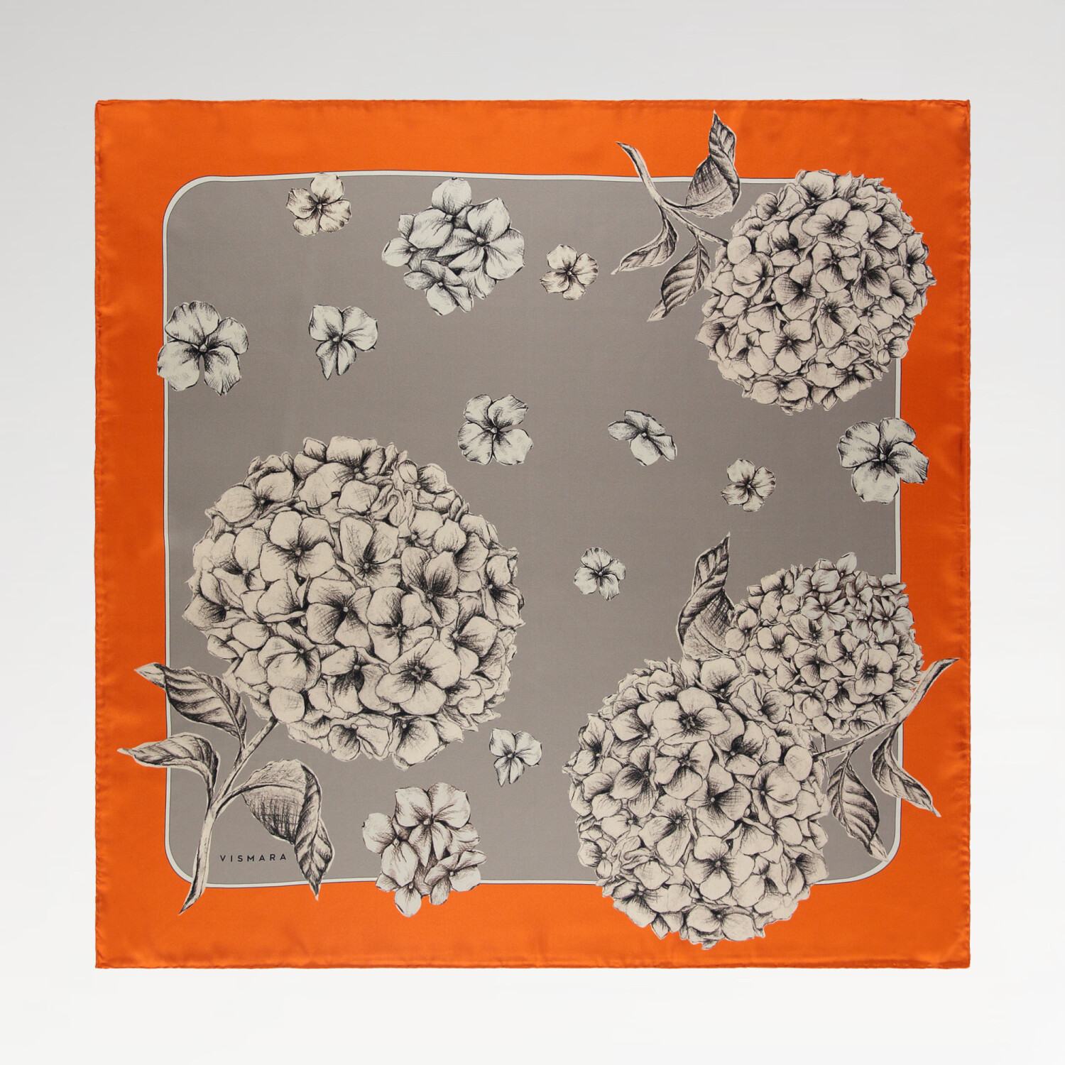 Sciarpa quadrata in twill di seta con motivo a fiori di ortensia arancione - 1