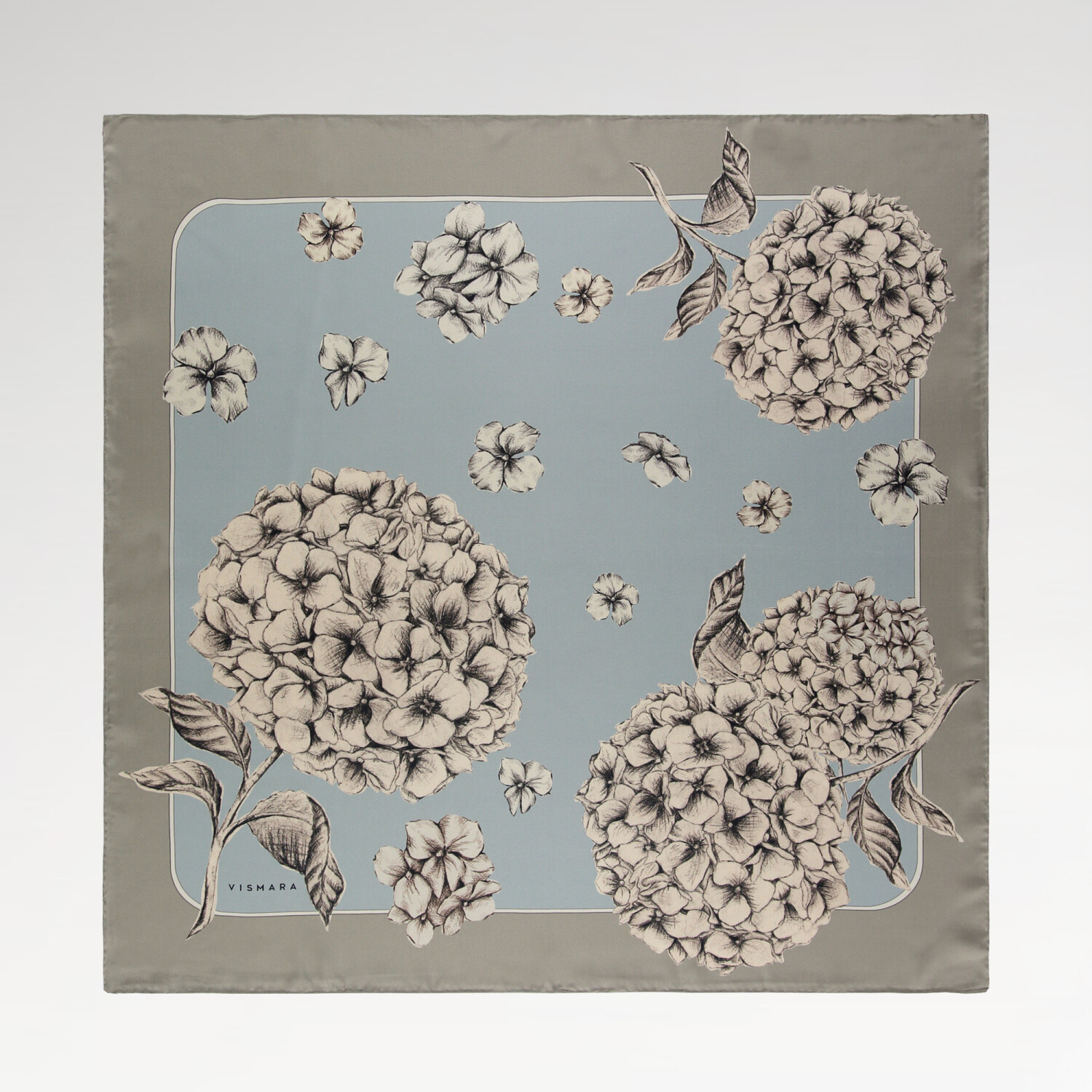 Sciarpa quadrata in twill di seta con motivo a fiori di ortensia blu cielo - 1