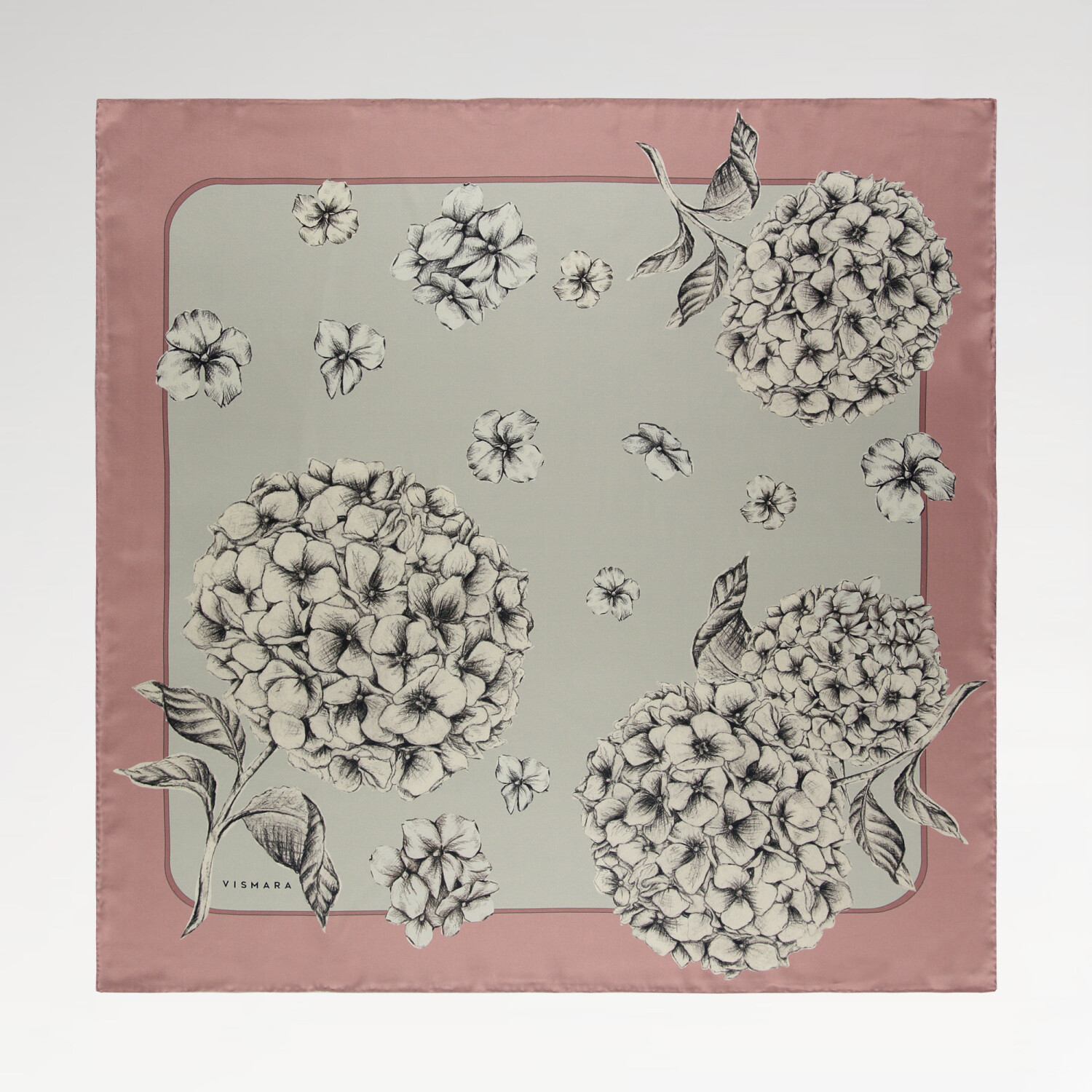 Sciarpa quadrata in twill di seta con motivo a fiori di ortensia cipria - 1