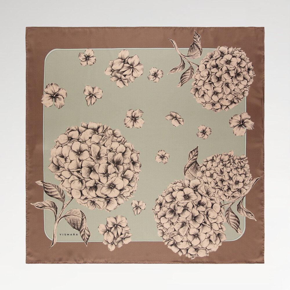 Sciarpa quadrata in twill di seta con motivo a fiori di ortensia color caffè
