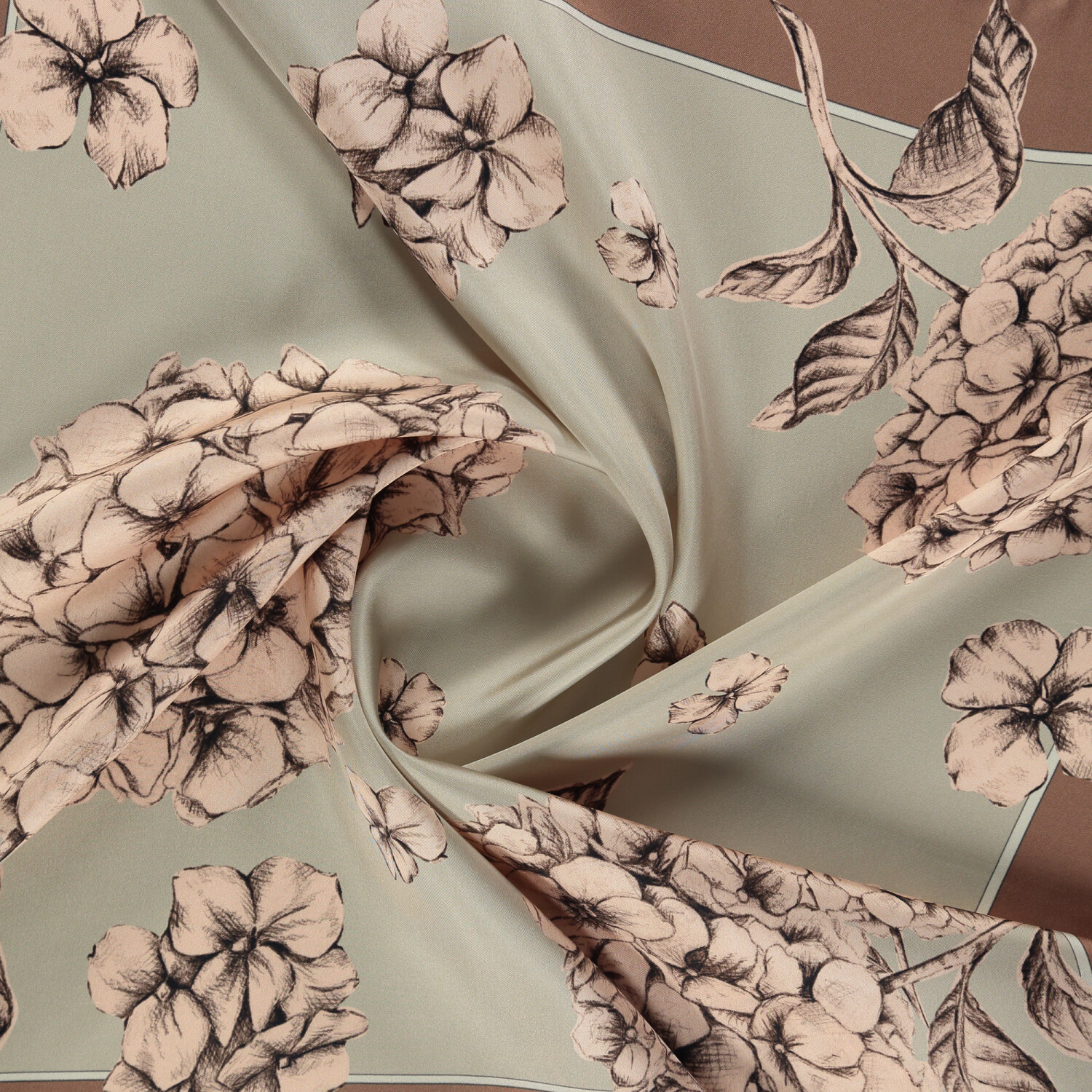 Sciarpa quadrata in twill di seta con motivo a fiori di ortensia color caffè - 2