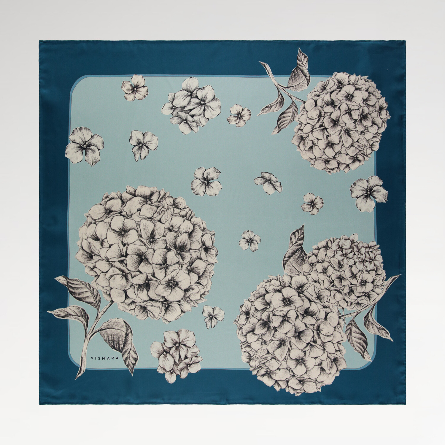 Sciarpa quadrata in twill di seta con motivo a fiori di ortensia color petrolio - 1