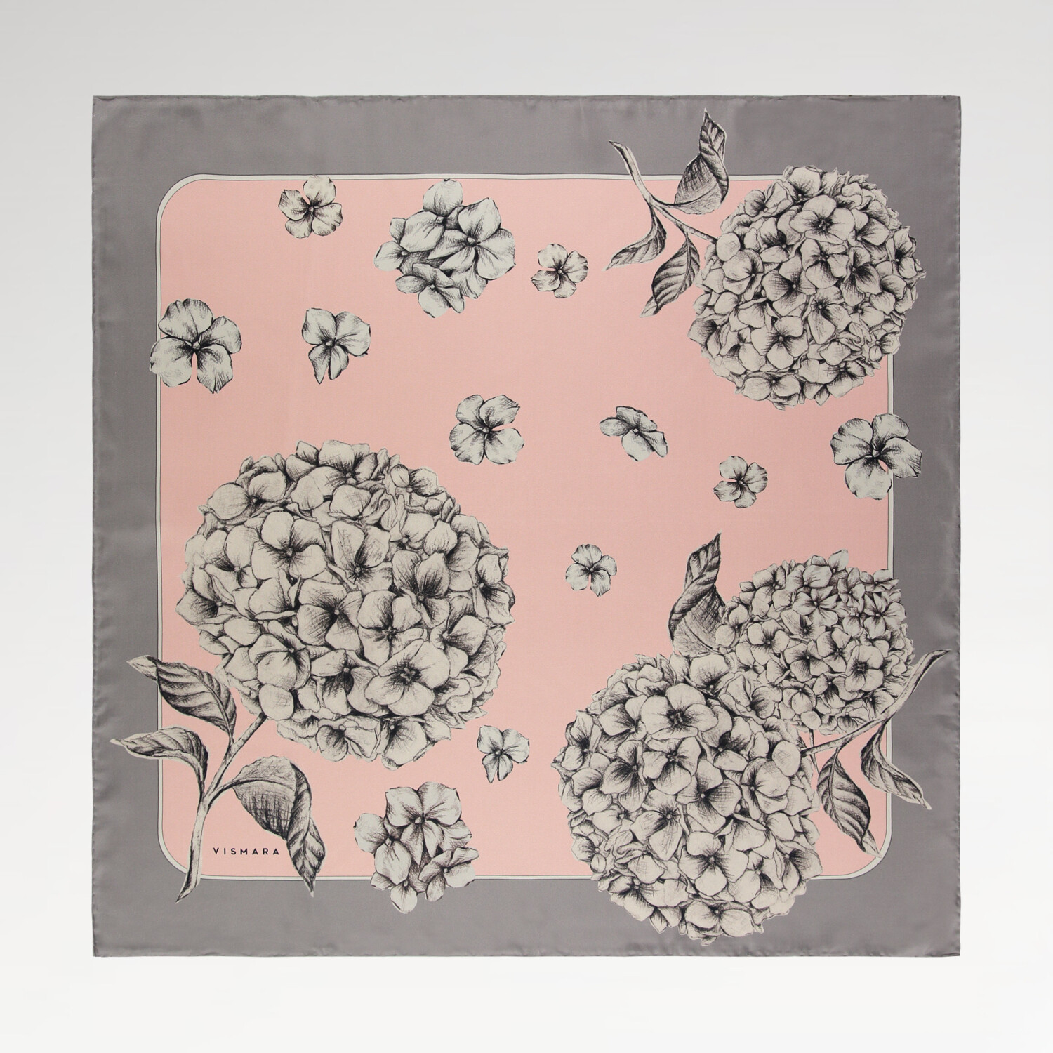 Sciarpa quadrata in twill di seta con motivo a fiori di ortensia in visone cipria - 1