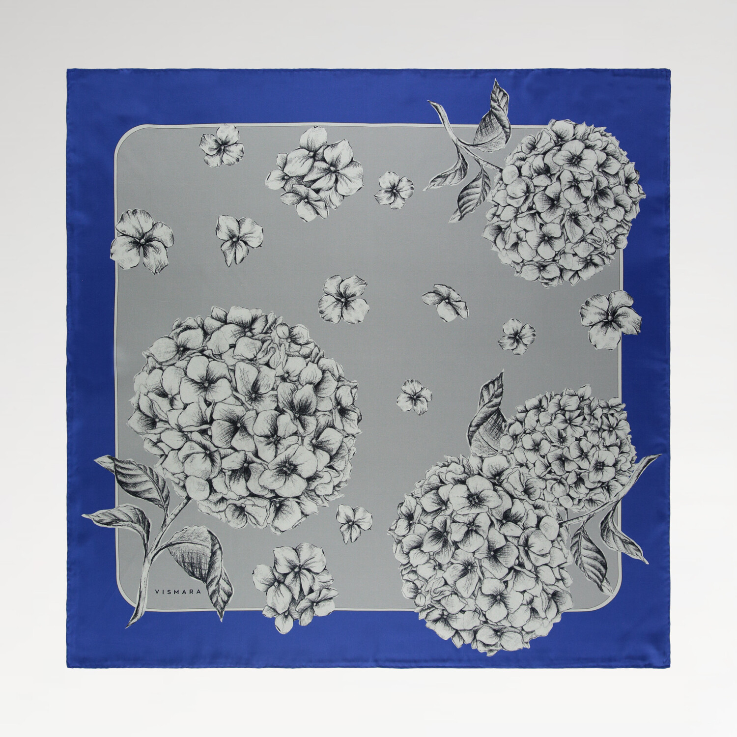 Sciarpa quadrata in twill di seta con motivo a fiori di ortensia indaco - 1