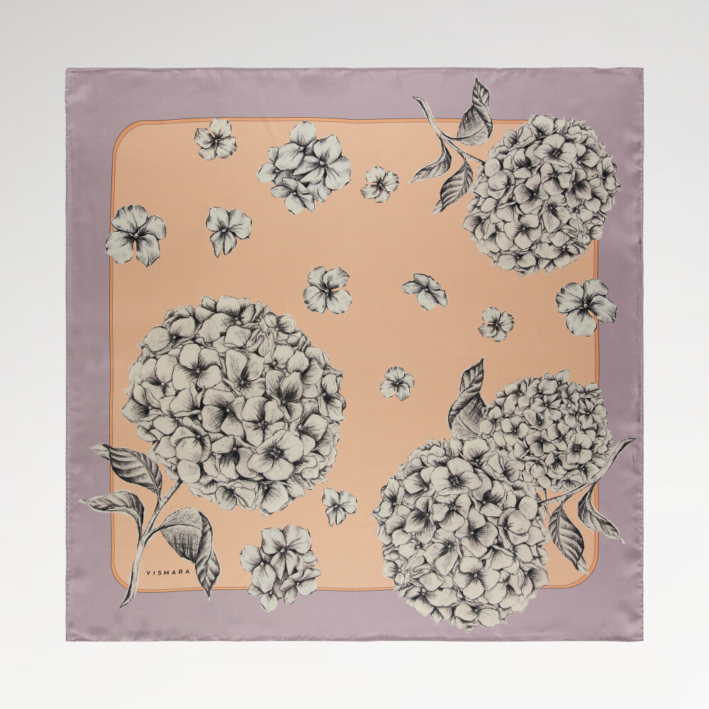 Sciarpa quadrata in twill di seta con motivo a fiori di ortensia lilla