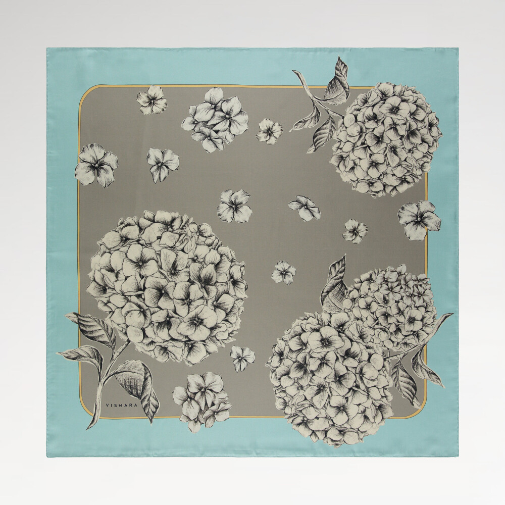 Sciarpa quadrata in twill di seta con motivo a fiori di ortensia turchese