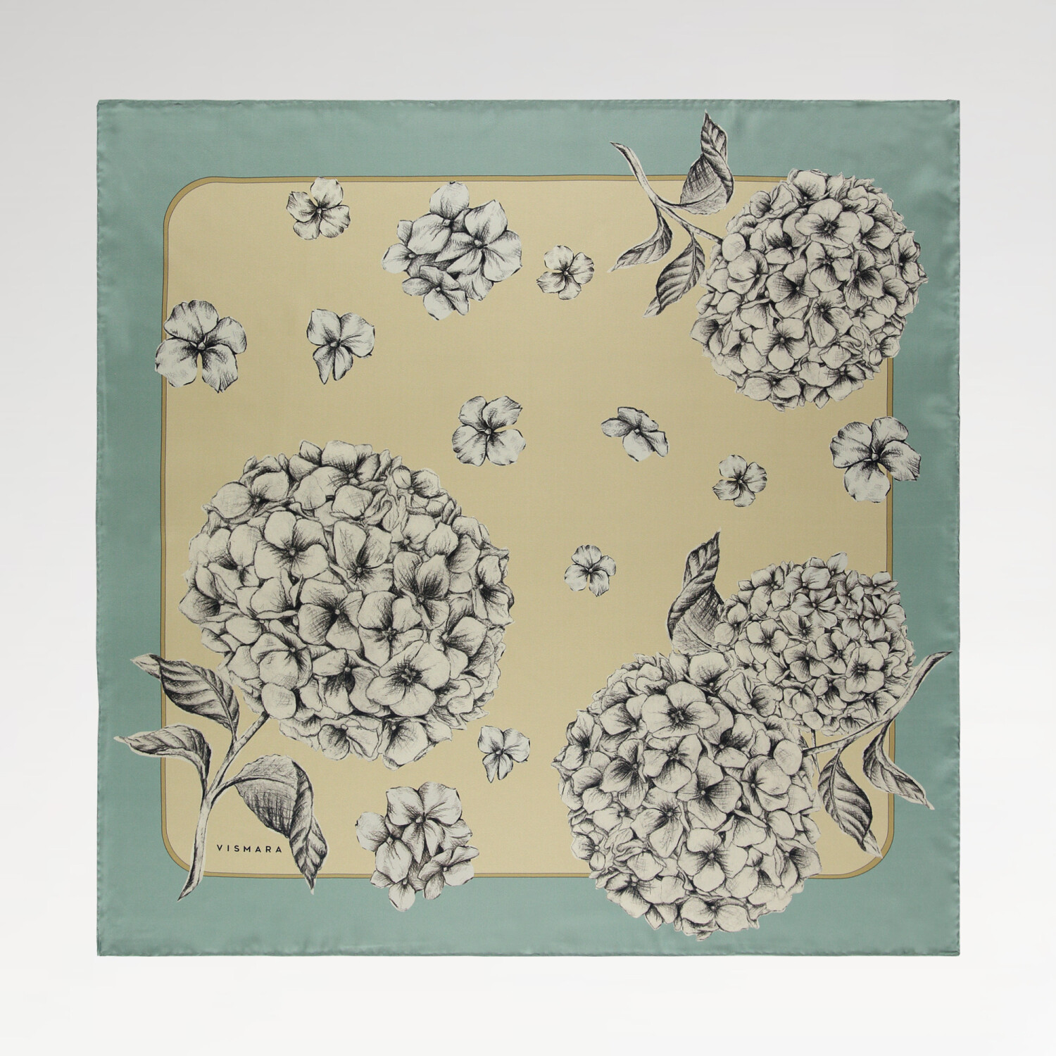 Sciarpa quadrata in twill di seta con motivo a fiori di ortensia verde acqua - 1