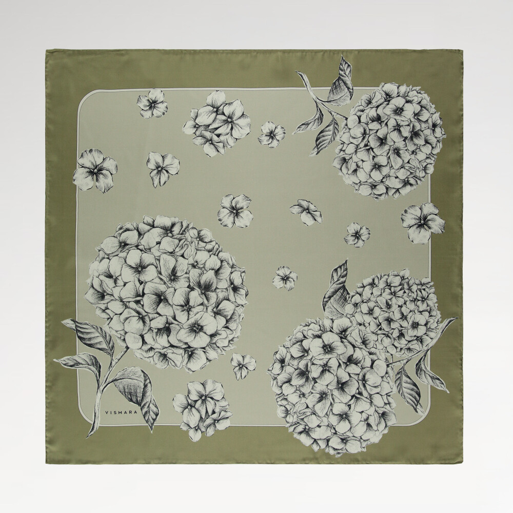 Sciarpa quadrata in twill di seta con motivo a fiori di ortensia verde