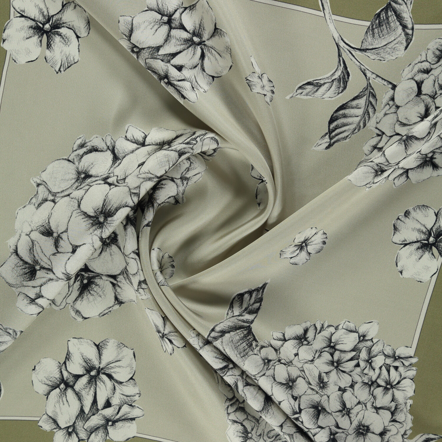 Sciarpa quadrata in twill di seta con motivo a fiori di ortensia verde - 2