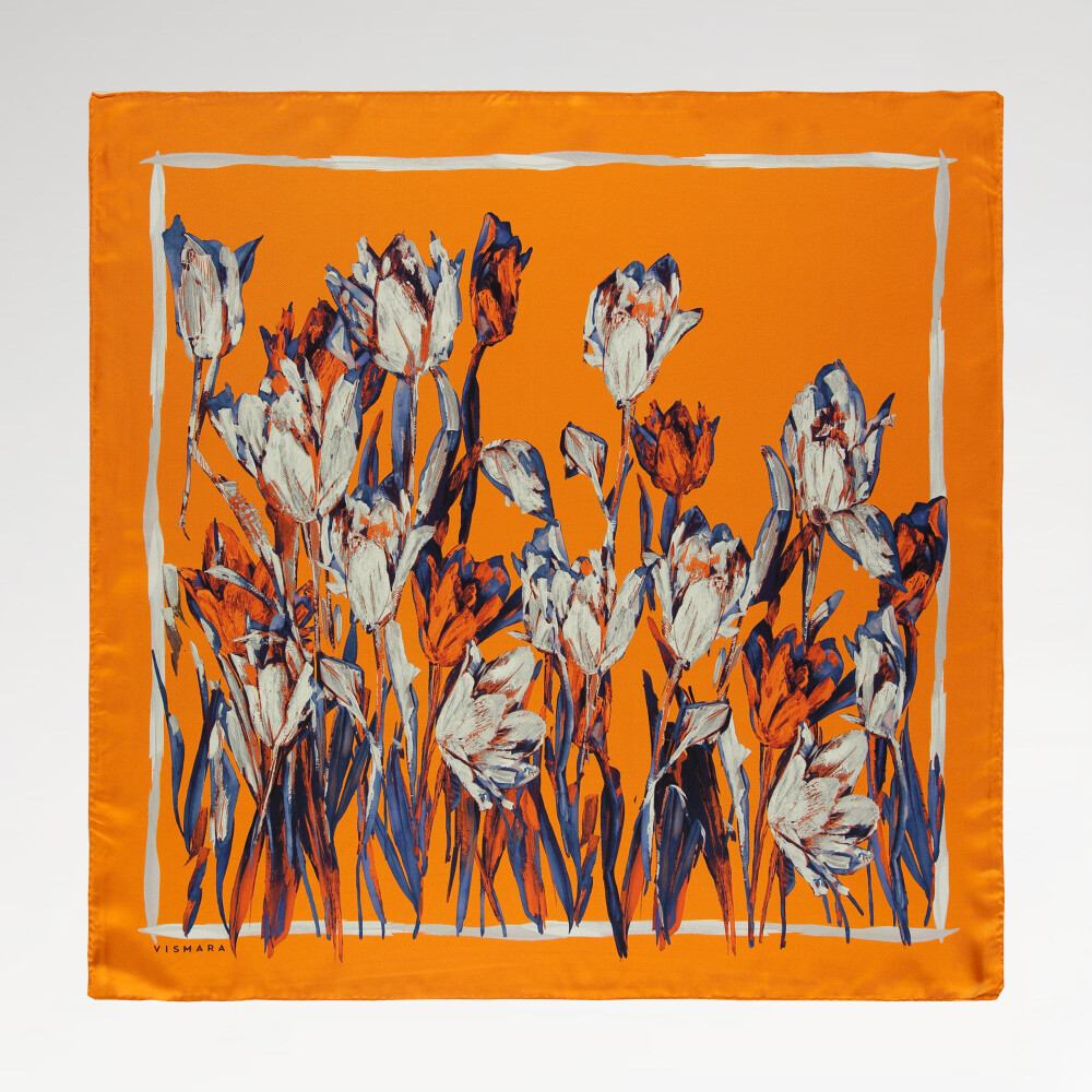 Sciarpa quadrata in twill di seta con motivo a giardino di tulipani arancioni