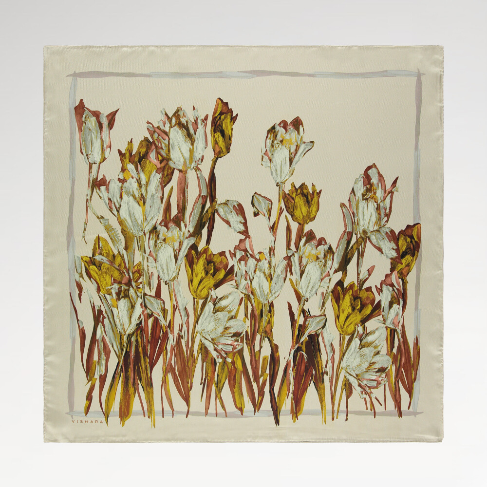 Sciarpa quadrata in twill di seta con motivo a giardino di tulipani beige