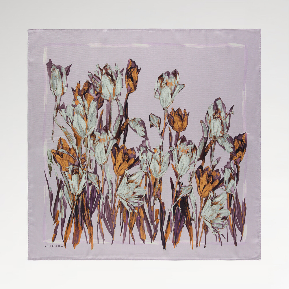 Sciarpa quadrata in twill di seta con motivo a giardino di tulipani lilla
