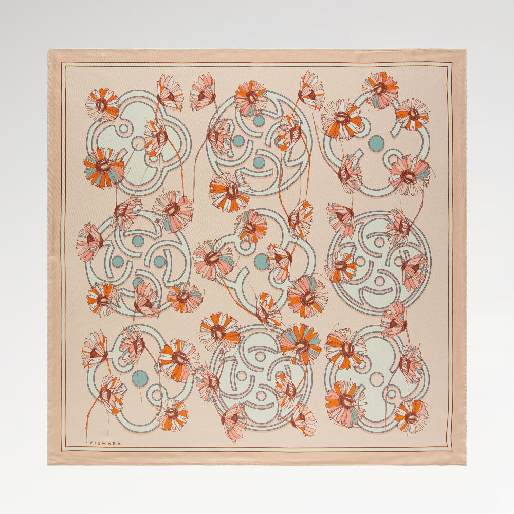 Sciarpa quadrata in twill di seta con motivo a margherita color salmone